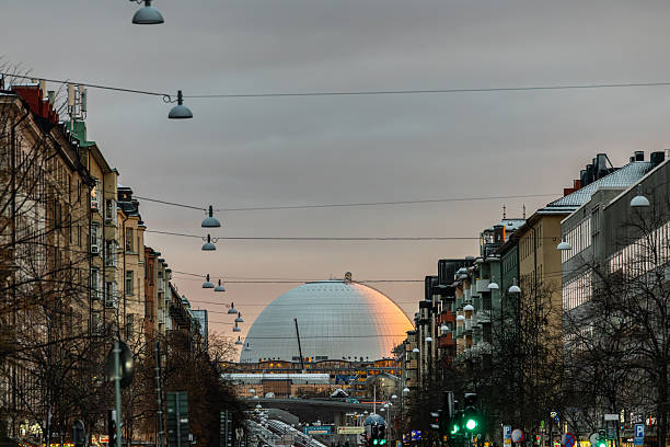 Stockholm, Sweden Nov 21, 2025 A view of the Globen Arena, or Ericsson Globe, at sunset along Gotgatan in the Sodermalm district.