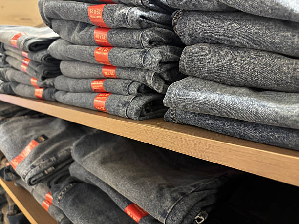 istock Folded Stretch Fit Jeans on Display in Clothing or Apparel Shelf 2252908472