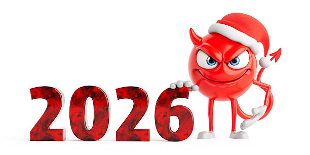 Playful Holiday Devil Character With Santa Hat Leaning On 2026 Numbers. Mischievous Red Emoji On White Background. 3d Rendering