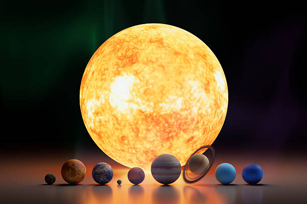 Solar System Scale Concept Of Planets And Sun. Glowing Star With Planetary Spheres Aligned In Front View On Dark Background With Dramatic Lighting. 3d Rendering