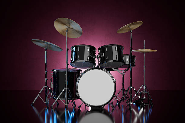 istock Music Performance And Creative Sound Concept. Black Drum Kit With Cymbals Standing On Reflective Floor Against Dark Purple Background. 3d Rendering 2252909552
