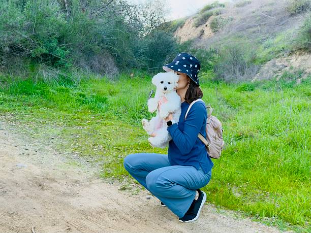 On the weekend a female person is hiking near Weir Canyon Nature Preserve with a little female dog  (domestic animal) Maltipoo beige color. Enjoying time with puppy picking up and holding her in the hands near face and embracing her. Outside is a nice warm weather. December 2025.