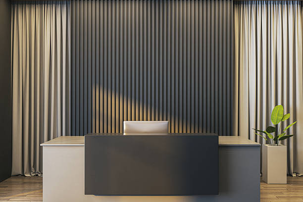 Reception office desk setup in a modern interior with clean lines and curtains in background, ideal for branding, workspace, and business concept. 3D Rendering