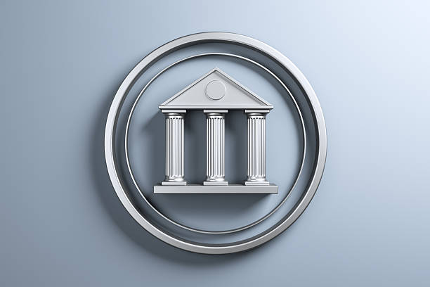 3D rendering of a silver banking symbol with classical columns and circular frame, isolated on a light gradient background, symbolizing finance