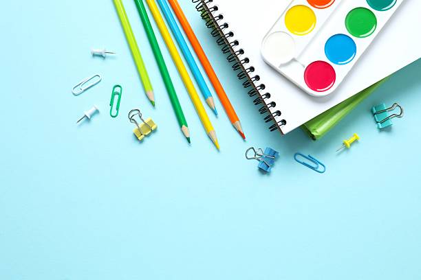 istock Flat lay with school stationery on color background, top view 2252926068