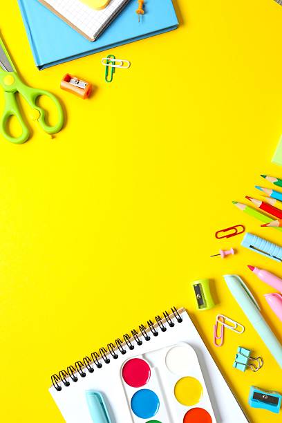 istock Flat lay with school stationery on color background, top view 2252926070