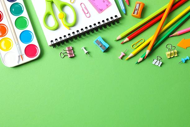 istock Flat lay with school stationery on color background, top view 2252926905
