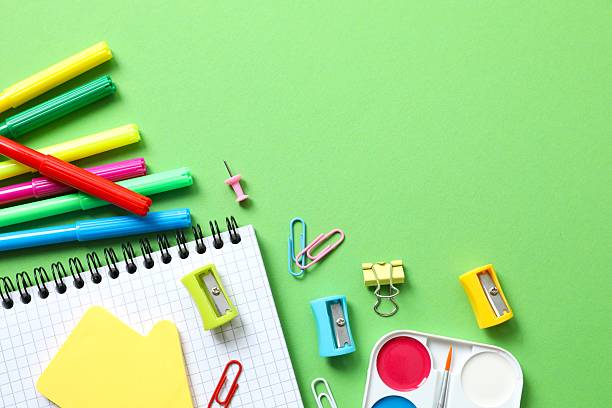 istock Flat lay with school stationery on color background, top view 2252927104
