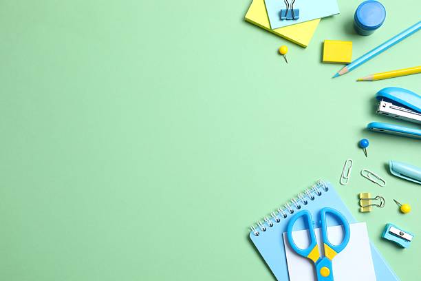 istock Flat lay with school stationery on color background, top view 2252927294