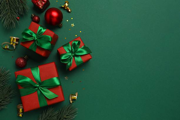 istock Festive Christmas composition with gift boxes and decorations, top view 2252927523