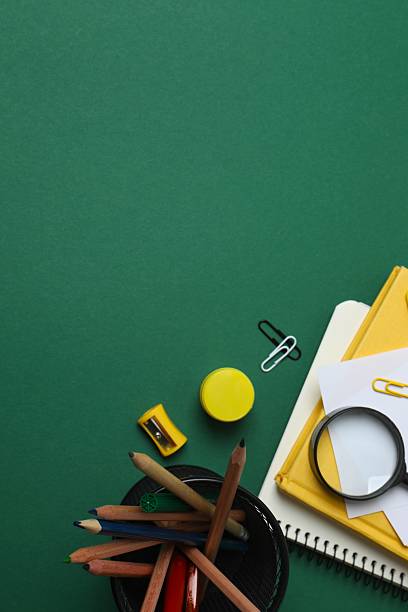 istock Flat lay with school stationery on color background, top view 2252928314