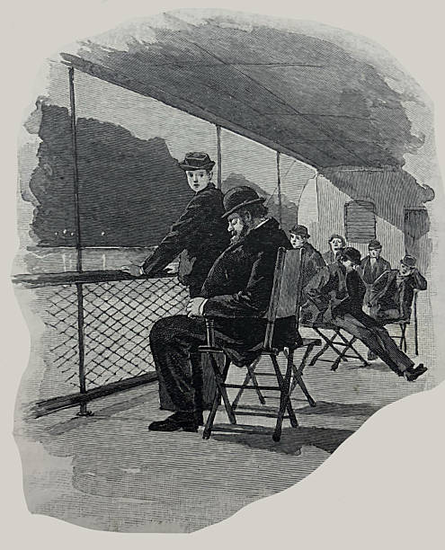 Antique illustration pre 1900 - men on a boat deck - one man sleeping in chair