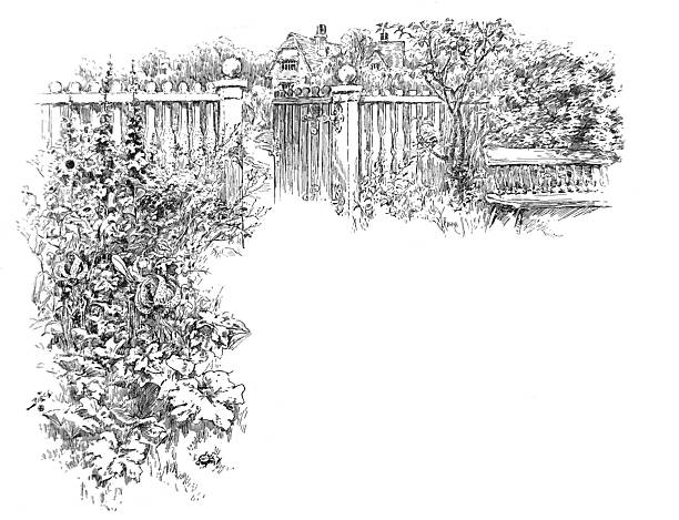 Antique illustration pre 1900 - decorative garden with short fence and bench on edge - has copy space
