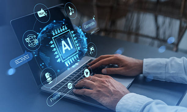 istock Hands typing on laptop with AI interface icons symbolizing prompt generation, translation, music, and text on futuristic tech background. 2252941717
