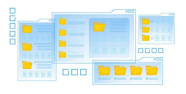 Photo of Digital file manager interface with multiple folder windows open, showing document and folder icons in a creative UI concept on white background. 3D Rendering