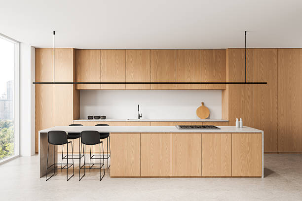 istock Modern minimalist wooden kitchen interior with island and barstools in bright open space with urban view and simple natural design elements. 3D Rendering 2252942364