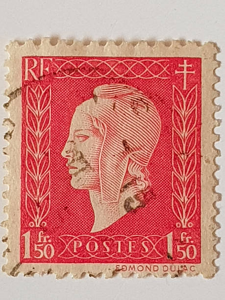 French Republic 1.50 francs postage stamp issued in 1945, illustrated by Edmond Dulac. Classic postwar French stamp art and philatelic collectible
