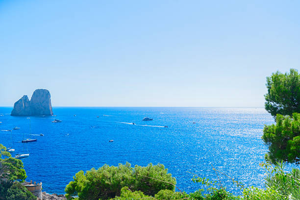 Famous Faraglioni cliffs and Capri island coast, Italy, retro toned