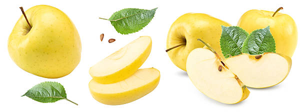 istock yellow apples with green leaves isolated on white background. clipping path 2252946307