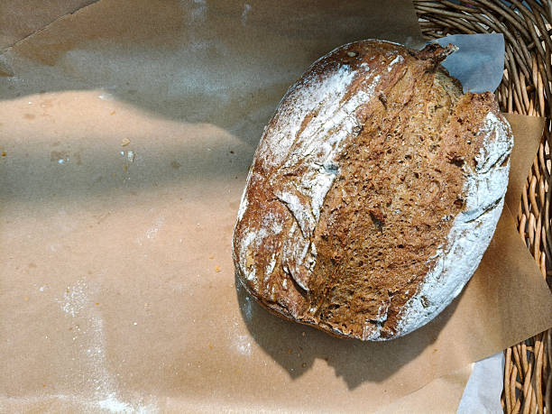 Sourdough bread in a basket with copy space.