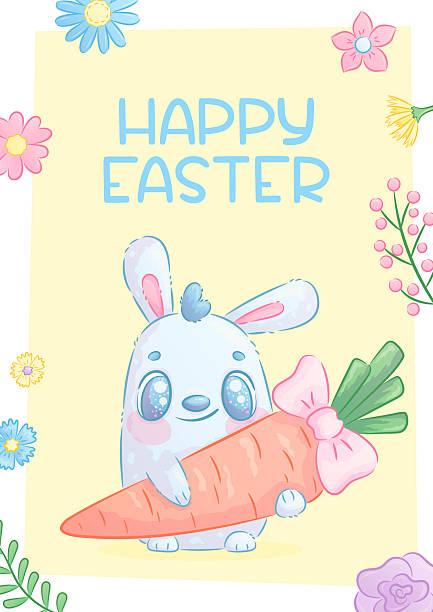 istock Template design for Easter greeting cards. A rabbit with a carrot tied with a bow on a yellow background, spring flowers. Vector illustration for the design of a postcard, invitation, poster, banner 2252951300
