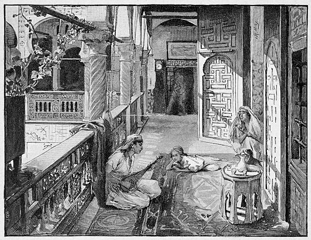 istock Oriental interior scene with women resting and playing music 2252952406