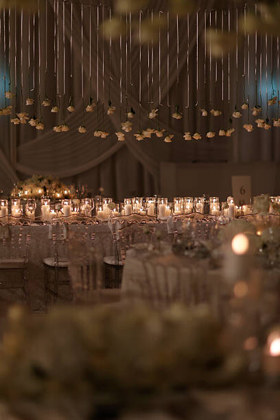istock Romantic Candlelit Wedding Table with Hanging White Roses. stock photo 2252953316