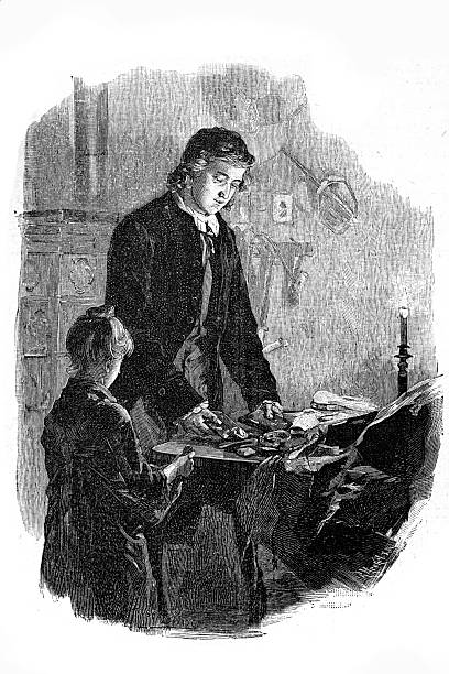 Interior medical scene showing a surgeon or physician working at a table with instruments while a child patient stands nearby typical of medical practice in the 19th century.