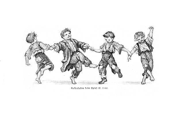 Historical illustration depicting four young boys holding hands and moving in a playful dance with lively gestures and expressive body movement.