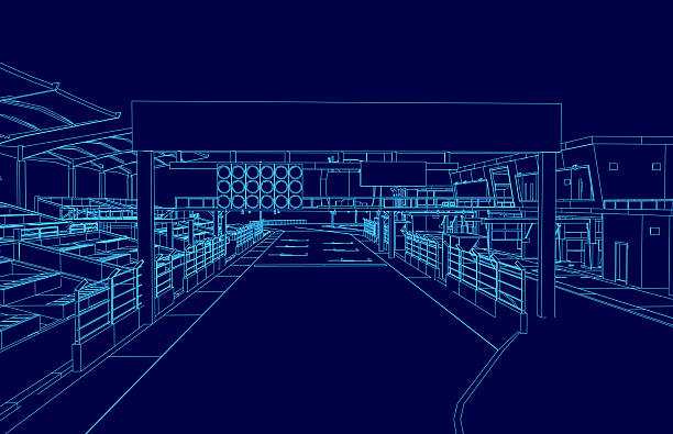 istock A detailed architectural blueprint of a factory building with numerous windows and visible machinery components, set against a dark blue background. The design suggests a dynamic race track contour. 2252969150