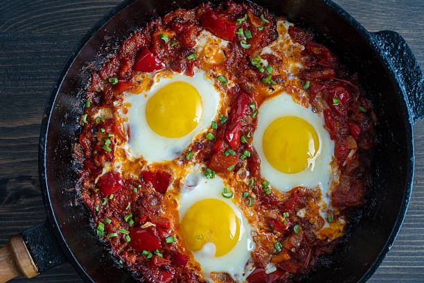 istock Shakshuka, fried eggs with tomatoes, onion, red pepper and spices in cast iron pan 2252978668