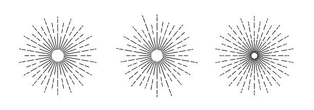 A set of 3 icons with sun rays on a white background. A sunbeam with lines. Retro logo in the form of a circle with radial rays. The sun is shaped like a star. Vector EPS 10.