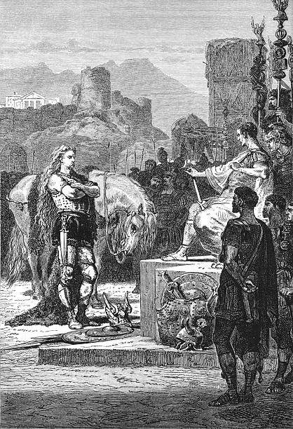 Vercingetorix standing before a seated Julius Caesar, surrendering his arms amidst Roman soldiers and a horse, with ruins and mountains in background, showing Gallic Wars conclusion, old vintage illustration, 1880.