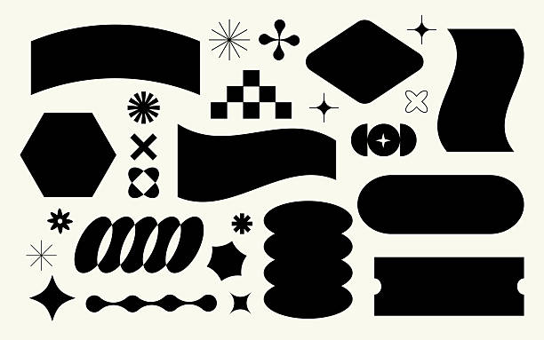Set of black badge and sticker shapes featuring abstract geometric forms, banners, labels, and decorative icons arranged on a light background. This minimalist illustration includes rounded rectangles, hexagons, stars, ribbons, and organic shapes, ideal for graphic design templates, branding elements, packaging, posters, web design, and creative layouts with copy space.