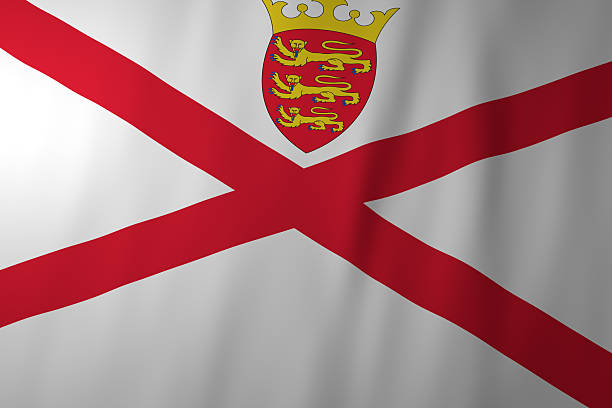 The national flag of Jersey featuring a red diagonal cross on a white field with a crowned shield emblem. The image represents Jersey, national identity, and historical heraldic symbolism.