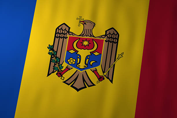 The national flag of Moldova featuring vertical blue, yellow, and red stripes with the national coat of arms in the center. The image represents Moldova, national identity, and state symbolism.