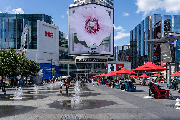 Toronto, Canada - August 21, 2024: Yonge-Dundas Square (Sankofa Square) in Toronto, Canada. Yonge-Dundas Square is an outdoor public and event space.
