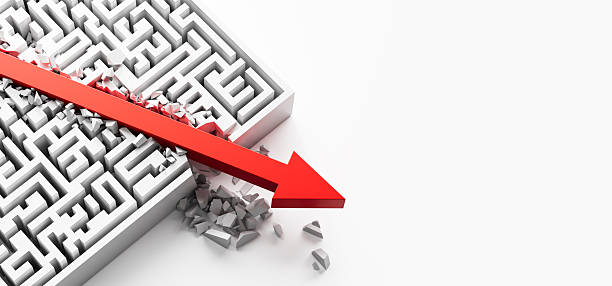 istock Red arrow breaking through white maze wall representing bold solution and strategy success concept on clean white background. 3D Rendering. 3D Rendering 2253000678