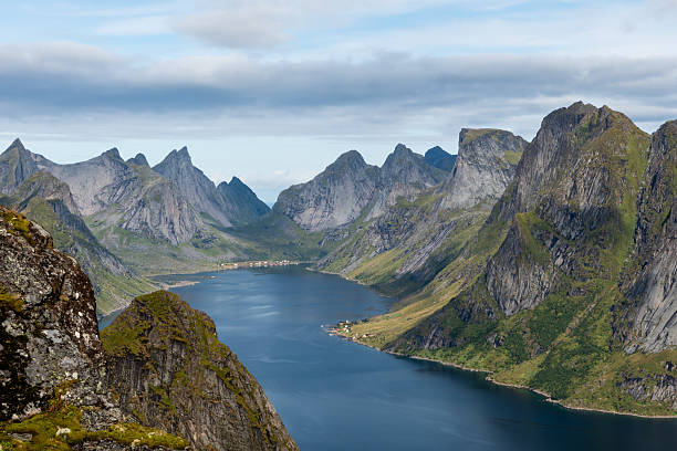 The Lofoten Islands and the Reine village in Norway during a sunny day of summer seen from the Reinebringen mountain top.