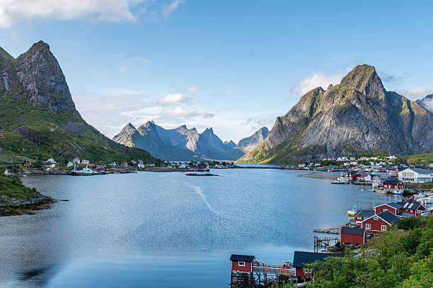 The Reine village in the Lofoten Islands during a sunset of summer.