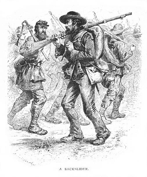 A Civil War soldier deserts the army. Part of life off the battlefield series. American Civil War history. Engraving published 1879. Original edition is from my own archives. Copyright has expired and is in Public Domain.