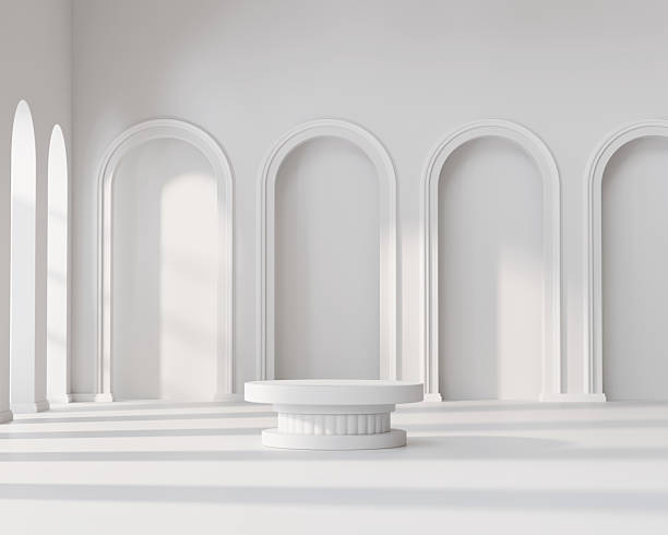 istock Minimal White Podium Platform For Product Display Showcase with Hall Background 3D Rendering 2253026192