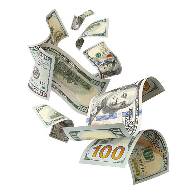 istock Flying hundred dollar bills, isolated on white background 2253026912