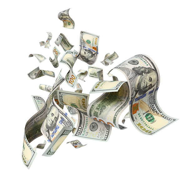 istock Flying hundred dollar bills, isolated on white background 2253027004