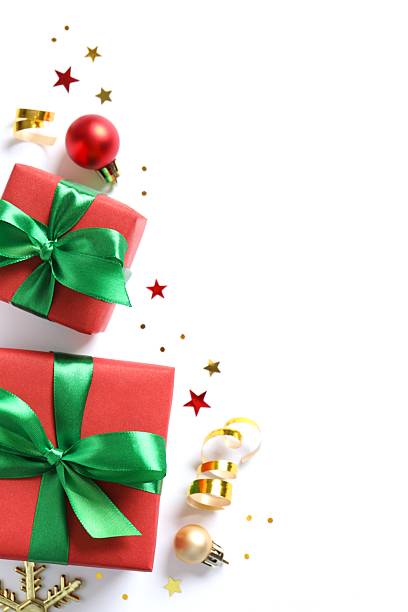 istock Beautiful gift boxes tied with bows and Christmas decorations on white background 2253031647