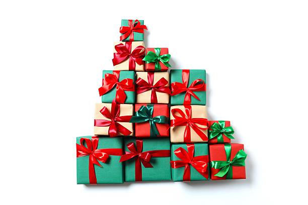 istock Gift boxes in the form of a Christmas tree on a white background, top view 2253031928