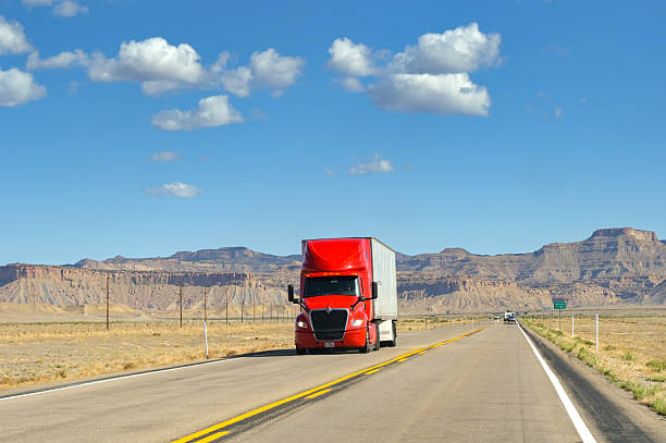 Semi Truck Driving Road Through Canyon Sunny Day Snowy Mountains May Utah