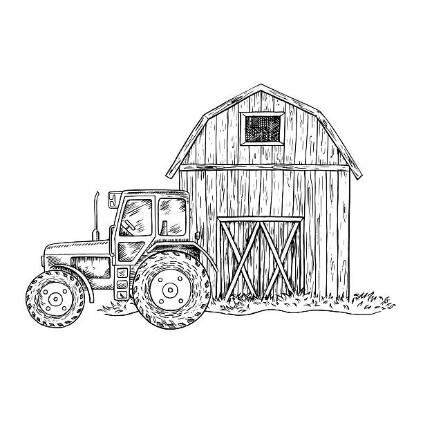 Farmyard. Barn and tractor. Black and white vector illustration drawn by hand. Concept of agricultural industry. Design element for banners, labels, postcards and more.