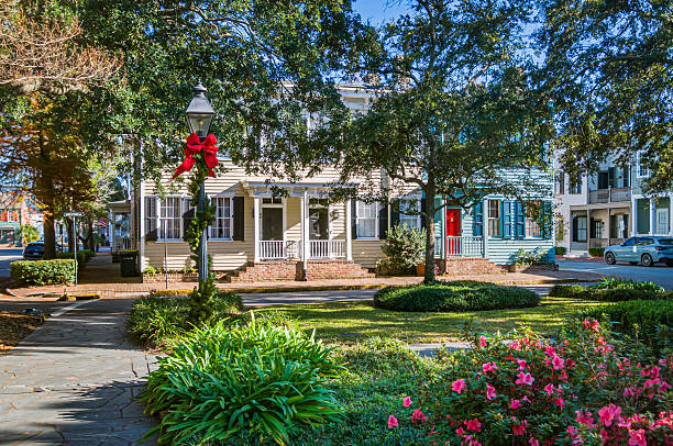 Savannah. Georgia, USA November 25, 2025-Bright pink azalea bloom in Washington Square, one of Savananah Georgia's  twenty three historic parks as the pole of the gas light is decorated with a red bow and greens for the Christmas season.