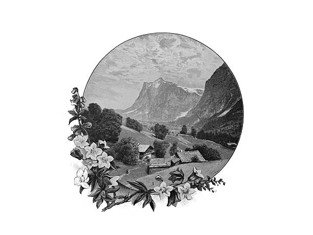 Illustration depicting an alpine mountain valley with scattered farmhouses, steep slopes, and a decorative floral border arranged in a circular frame.